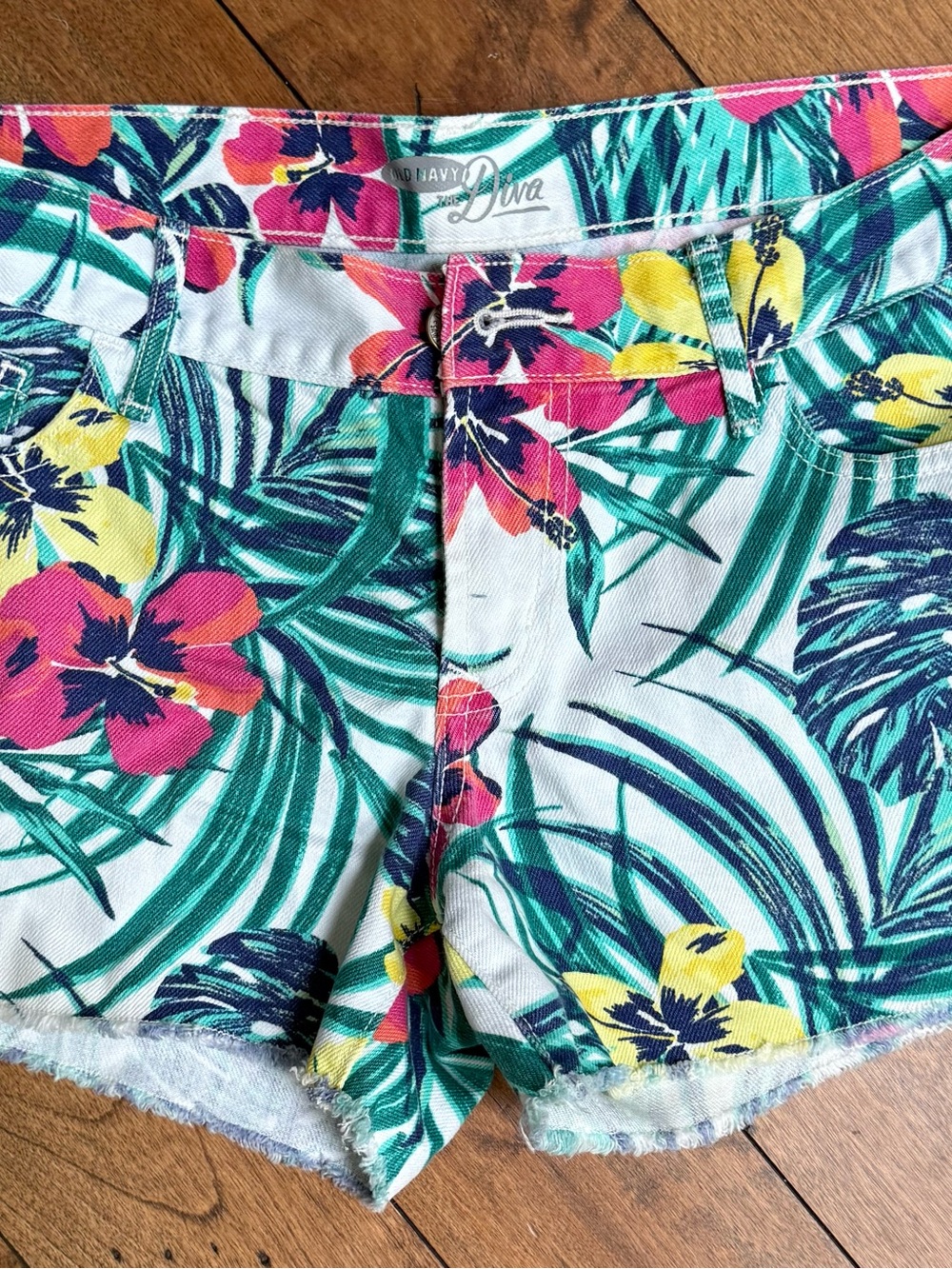 Diva Tropical Floral Jean Shorts in White with Green, Pink & Yellow